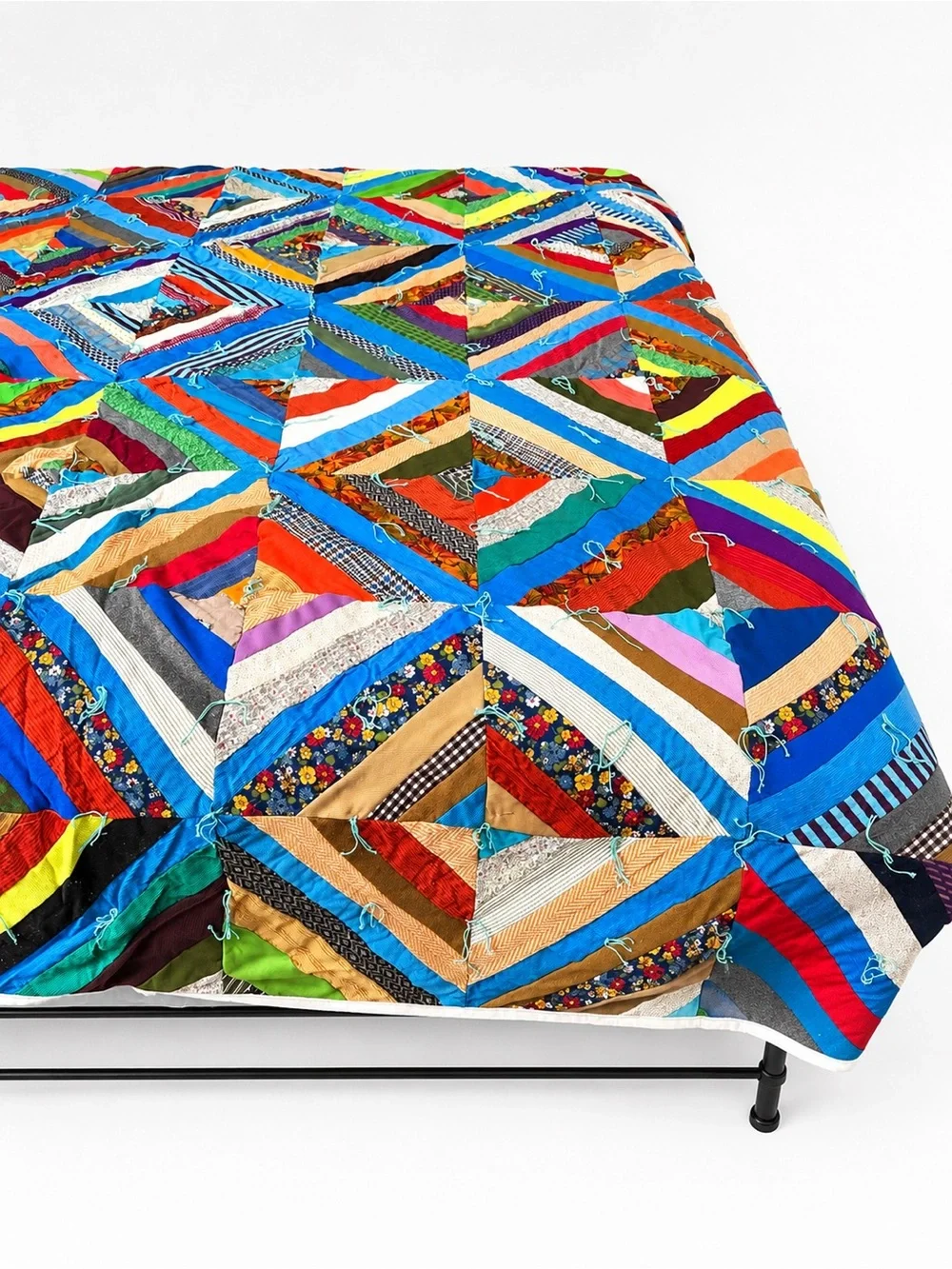 Vintage folk art vibrant  log cabin patchwork scrap Quilt - 92 x 72